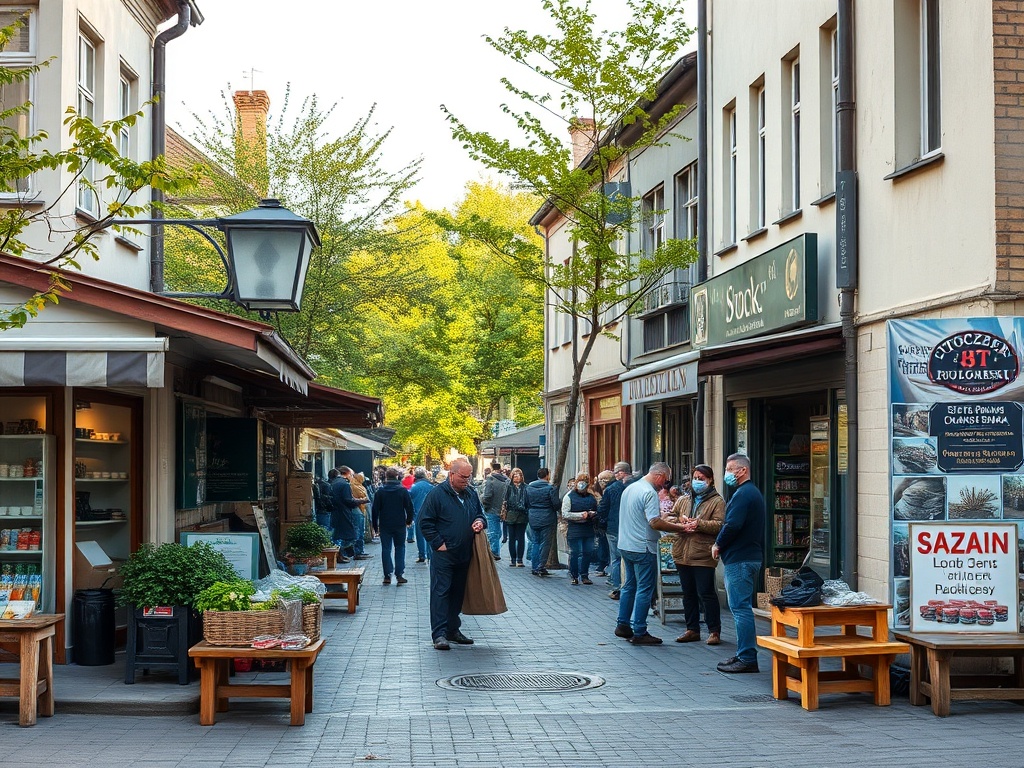 Główna ulica Stoczku Łukowskiego w dzień, ze sklepami i przechodzniami