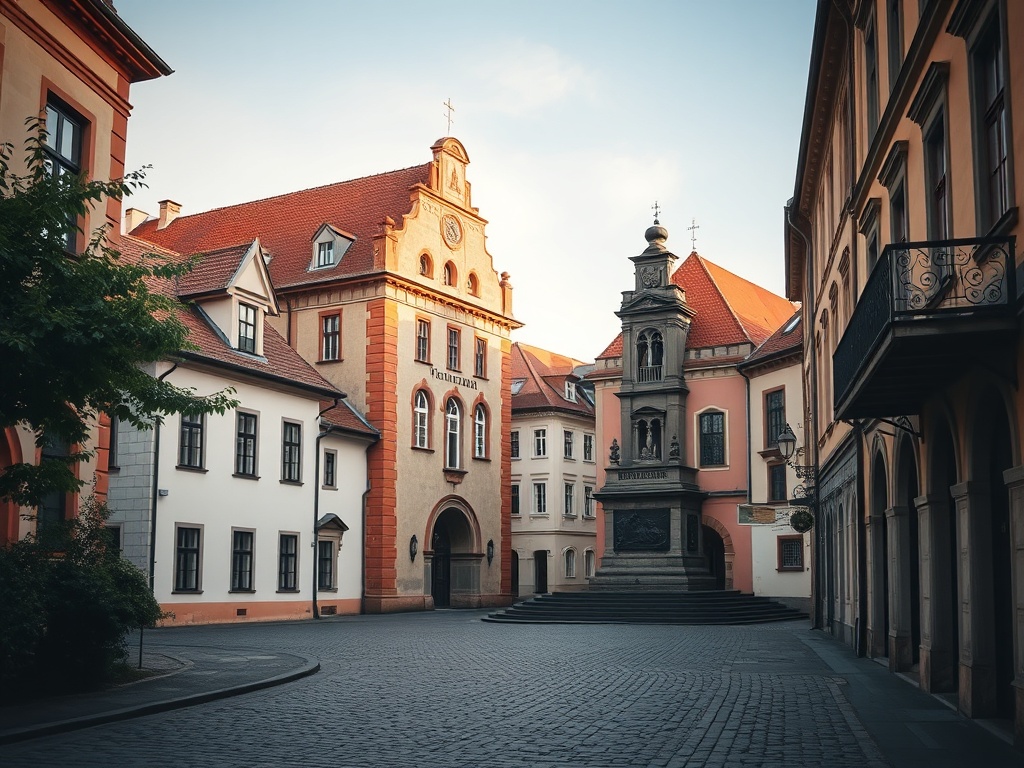 Widok na rynek Stoczka Łukowskiego z charakterystyczną zabudową i kościołem w tle.