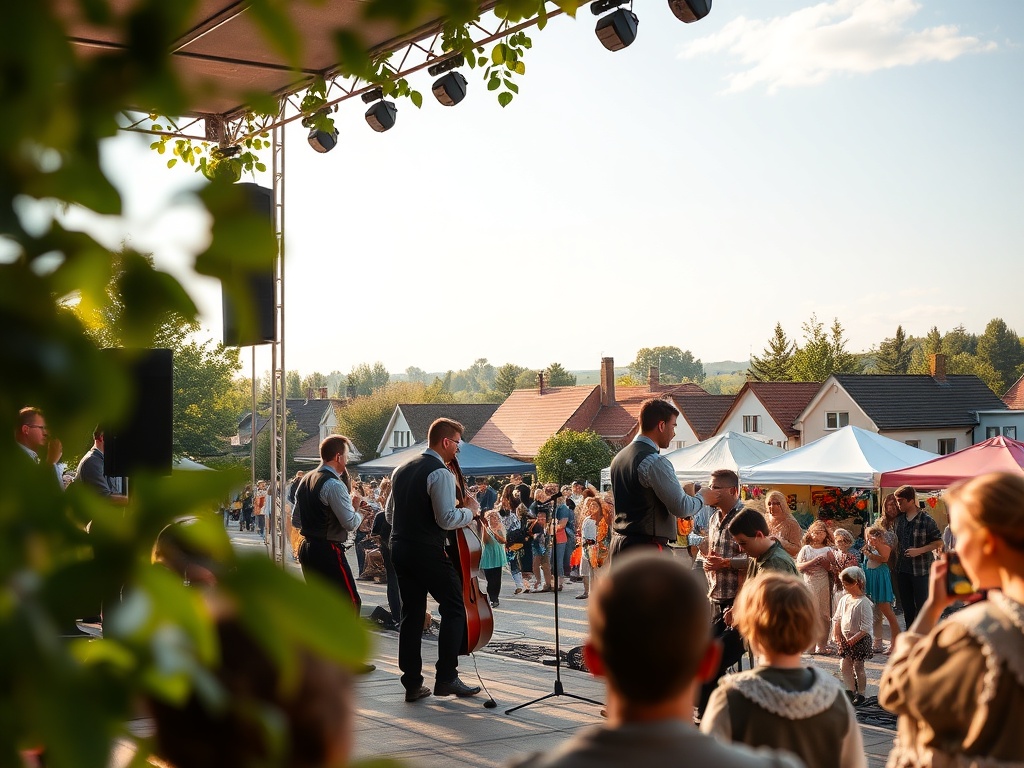 Majówka w Stoczku Łukowskim: barwne dekoracje, mieszkańcy świętujący na świeżym powietrzu.